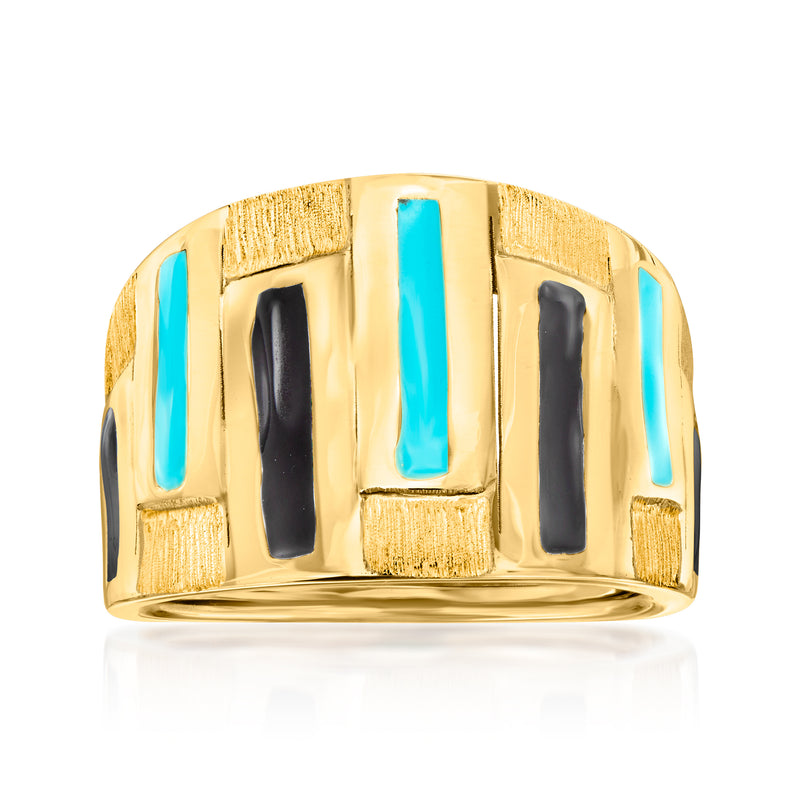 14kt yellow gold enamel abstract ring with blue and black rectangular insets