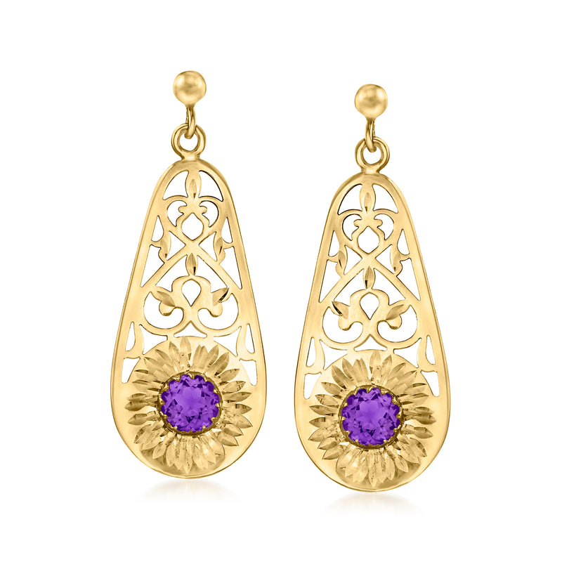 14kt yellow gold teardrop drop earrings with openwork filigree and purple amethyst center