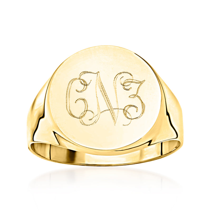 Personalized 14kt yellow gold circle signet ring with engraved monogram on face