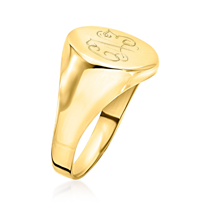 14kt yellow gold circle signet ring, side view of engraved monogram face and band