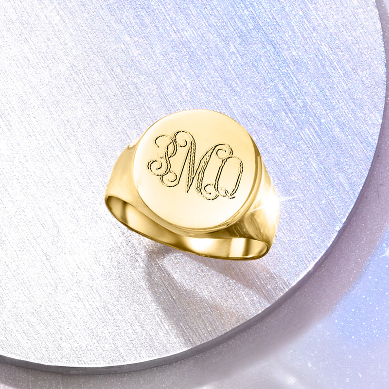 Personalized 14kt yellow gold signet ring with round engraved monogram face