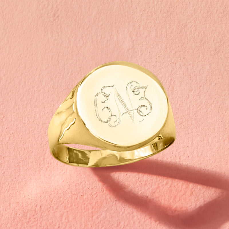 Personalized 14kt yellow gold circle signet ring with polished engraved monogram face