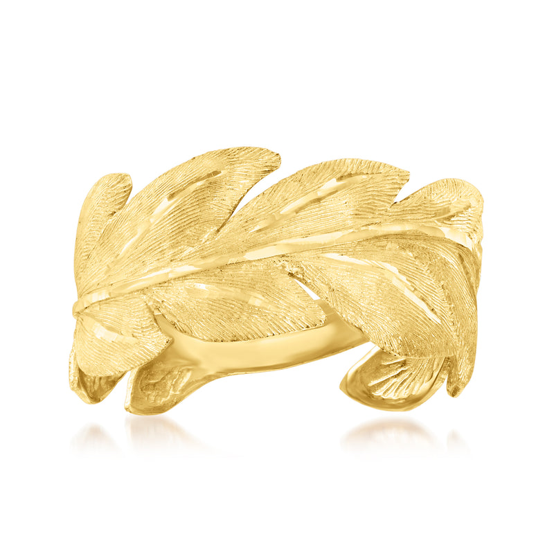 14kt yellow gold ring with curved textured leaf design, wide band
