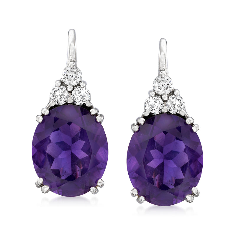 Amethyst and diamond drop earrings, teardrop purple stone in white gold with leverbacks