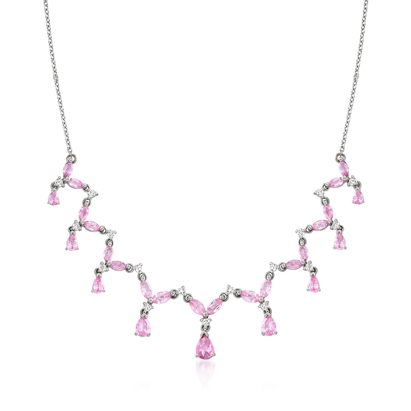 14kt white gold bib necklace with pink sapphire and diamond accents, teardrop drop design