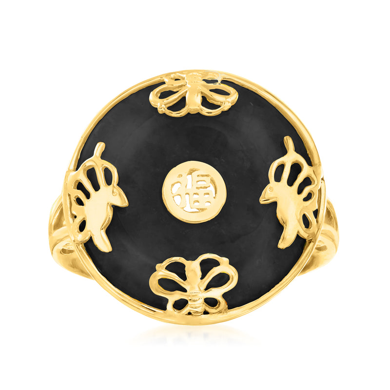 Black agate butterfly signet ring with 18kt gold over sterling, oval stone, gold butterflies