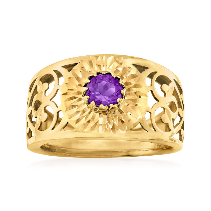 14kt yellow gold openwork ring with amethyst center stone