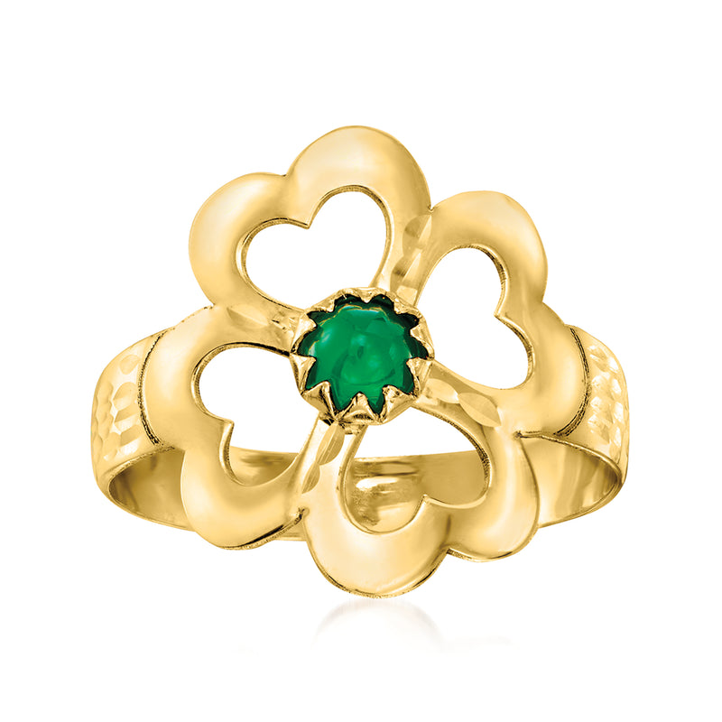 14kt yellow gold four-leaf clover ring with green oval agate center.