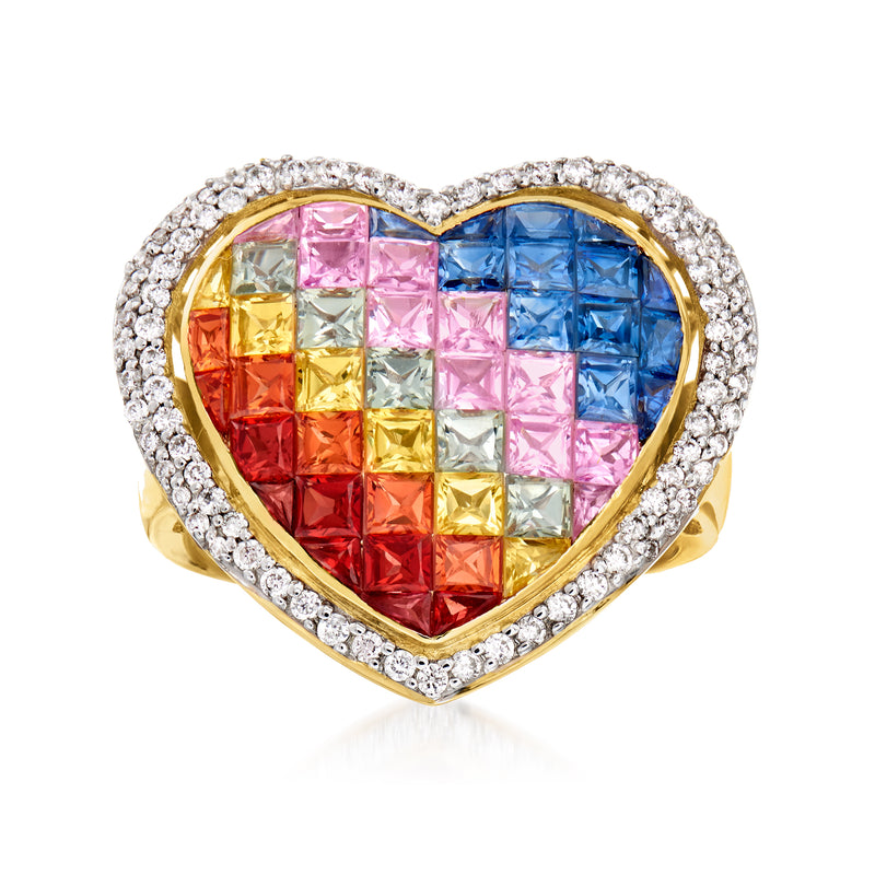 14kt yellow gold heart ring with multicolored sapphire squares and diamond halo