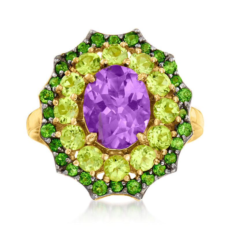 18k gold ring with oval amethyst center, green peridot halo, dark chrome diopsides