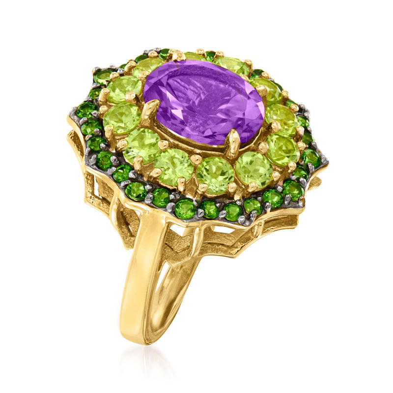 Gold ring with oval amethyst, green peridot halo, dark chrome diopsides, raised bezel