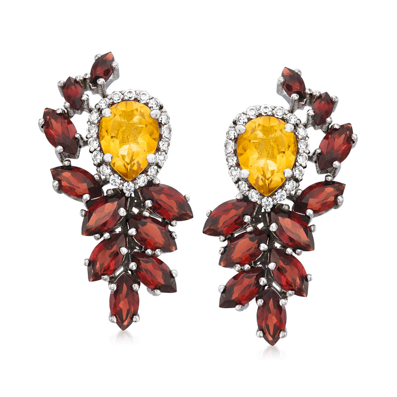 Sterling silver drop earrings with yellow citrine, red garnet cluster, and white zircon accents