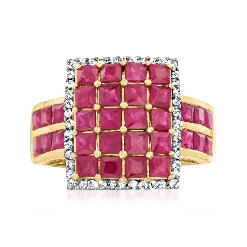 14kt yellow gold ring with square pink ruby center and diamond halo, gold band