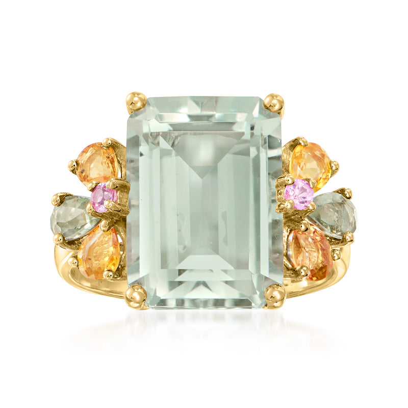 14kt yellow gold ring with rectangular light-green prasiolite center and multicolored sapphires