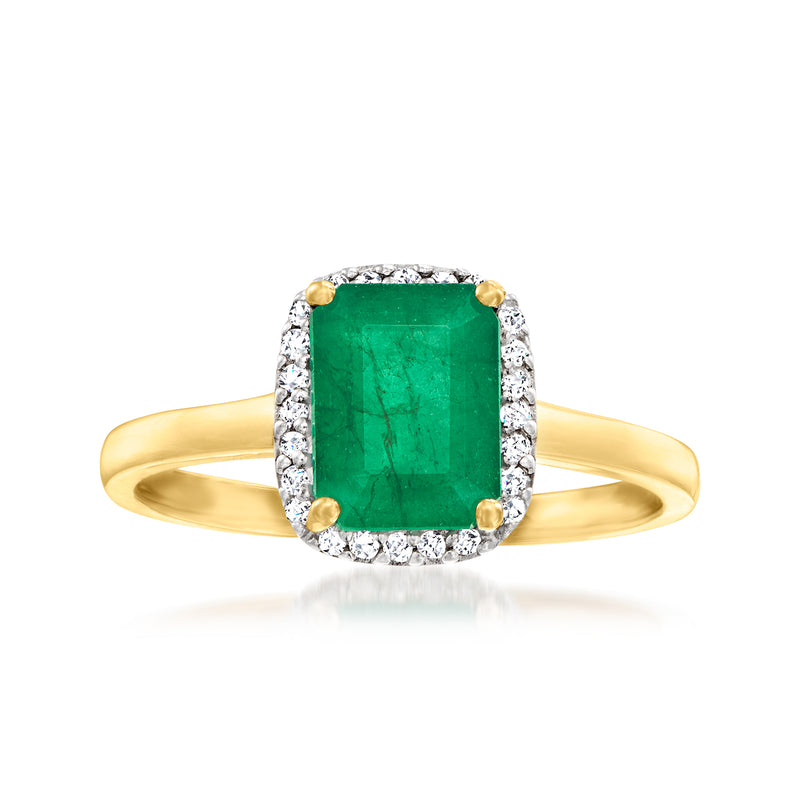 14kt yellow gold emerald ring with emerald-cut green center and diamond halo