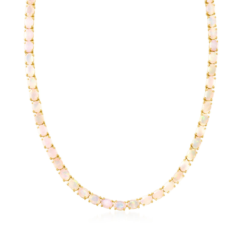 Opal tennis necklace with round opal beads on 18kt gold over sterling chain