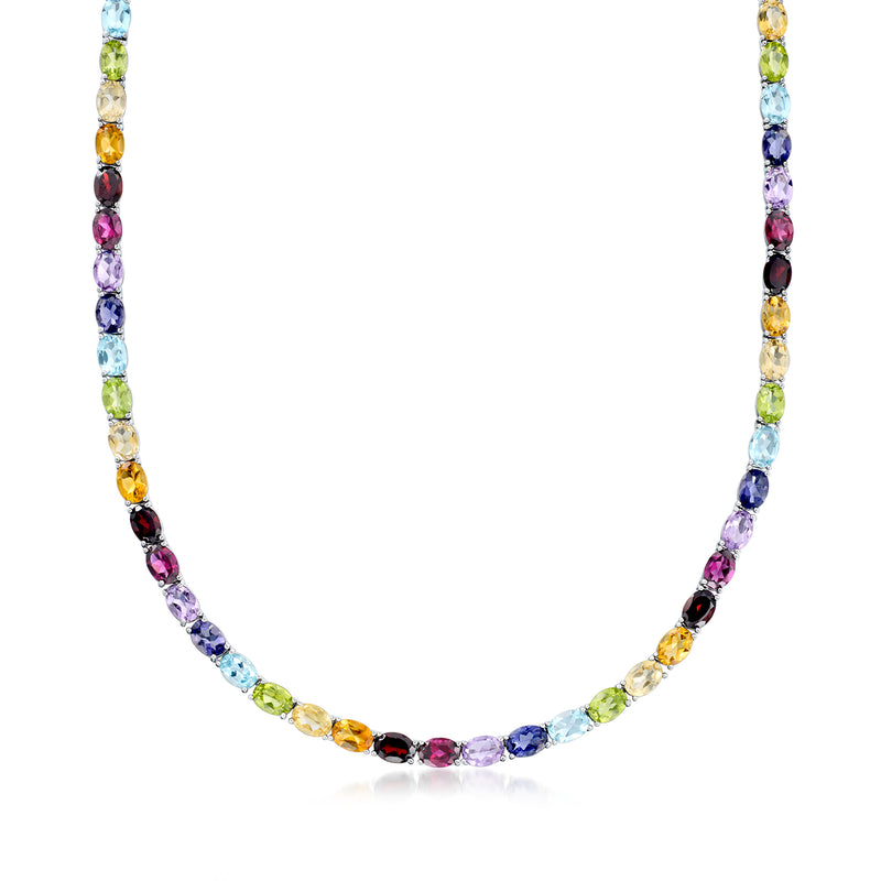 Sterling silver tennis necklace with multicolor gemstone oval links, bright faceted stones