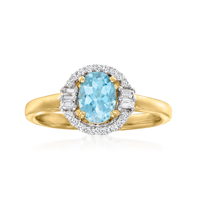 Aquamarine oval gemstone halo diamond ring in 14kt yellow gold