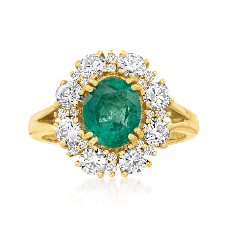 14kt yellow gold halo ring with emerald-cut green gemstone and round diamond accents