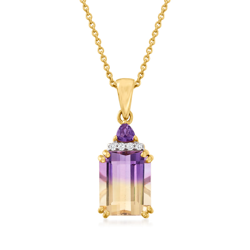 14kt gold pendant necklace with rectangular ametrine, purple stone, diamond accents