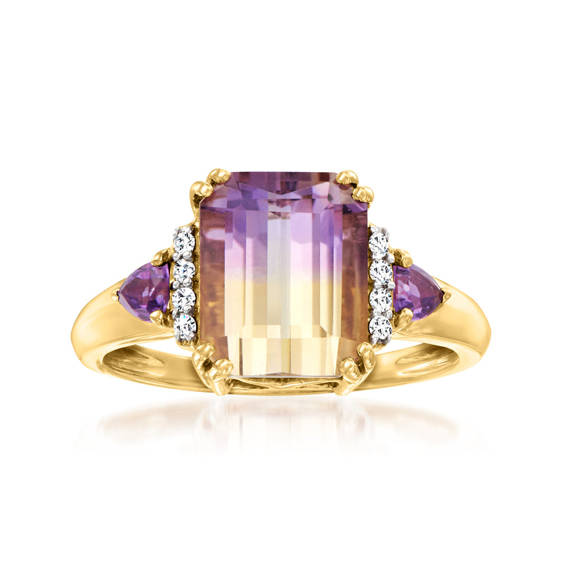 14k yellow gold ring with two-tone amethyst/ametrine center and diamond accents