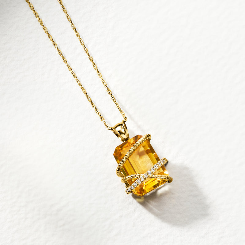 14kt yellow gold citrine pendant necklace with diamond accents and bail