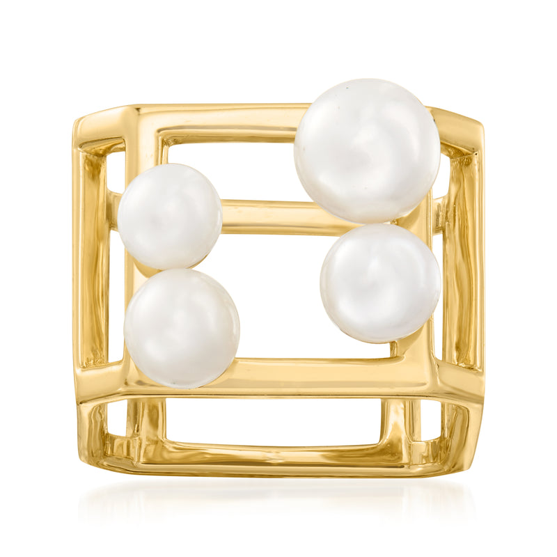 18kt gold over sterling open cube ring with four round white cultured pearls