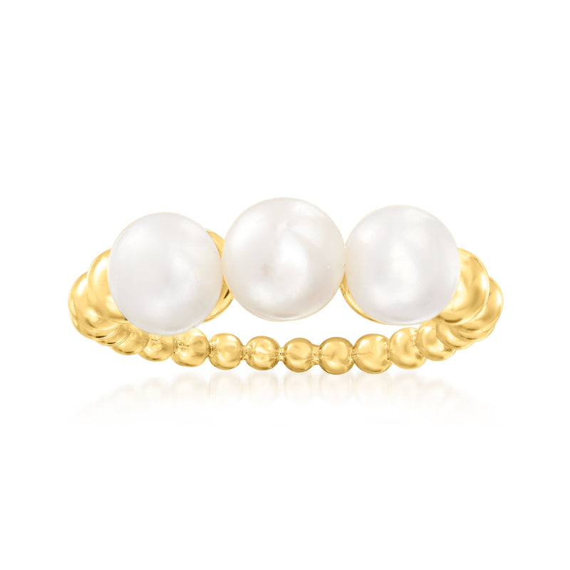 Cultured pearl beaded ring with three white pearls and 18kt gold over sterling band