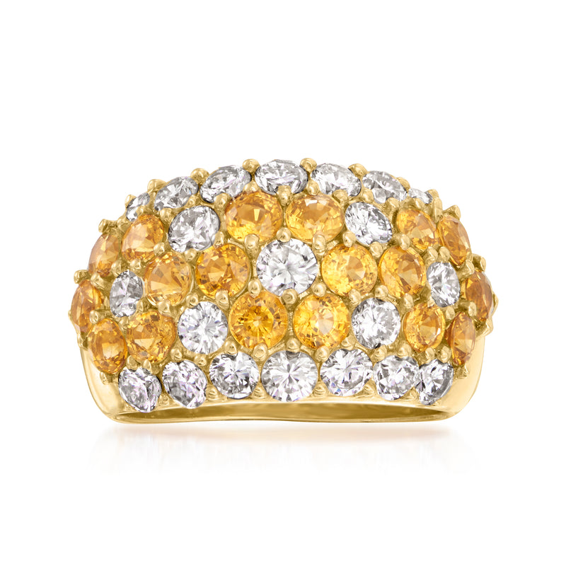 Yellow gold flower-style ring with round yellow gemstones and clear diamond accents