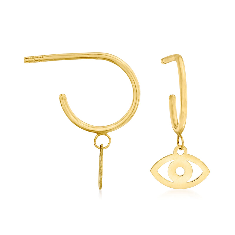 14kt yellow gold C-hoop drop earrings with small evil-eye charm, hinged hoop post