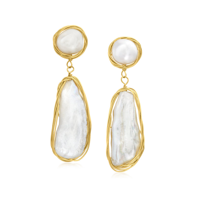 Gold-tone drop earrings with large white baroque pearl teardrops and loops
