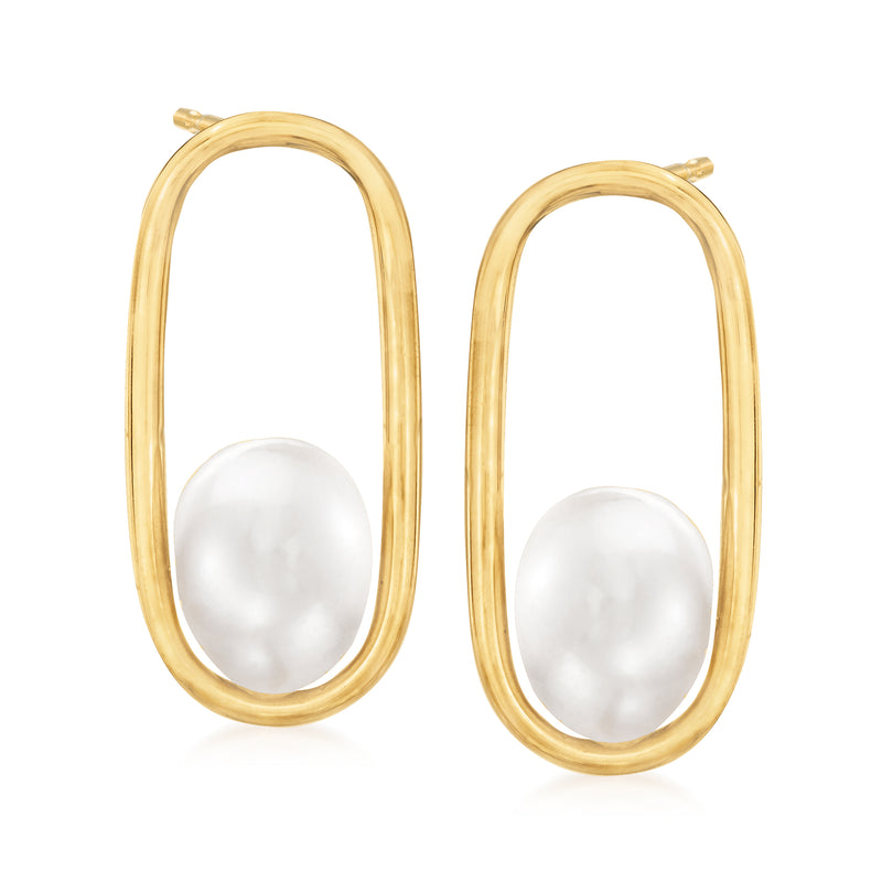 Oval open-space drop earrings with white cultured pearls in 14kt yellow gold