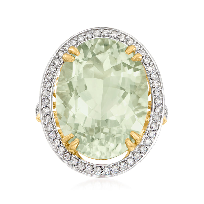 Oval prasiolite green gemstone ring with white topaz halo and gold accents, 18kt gold