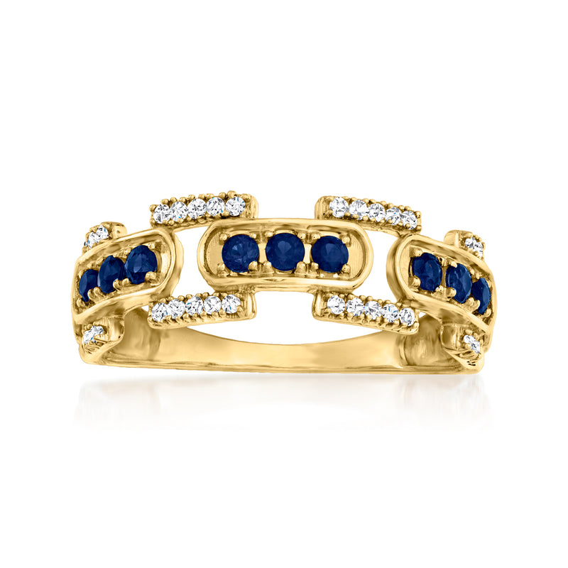 14kt yellow gold sapphire and diamond link ring with blue gemstones