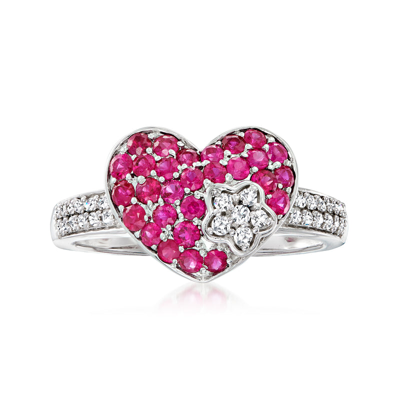 14kt white gold heart ring with pink ruby clusters and diamond accents