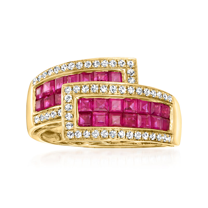 14kt yellow gold bypass ring with pink ruby and diamond accents