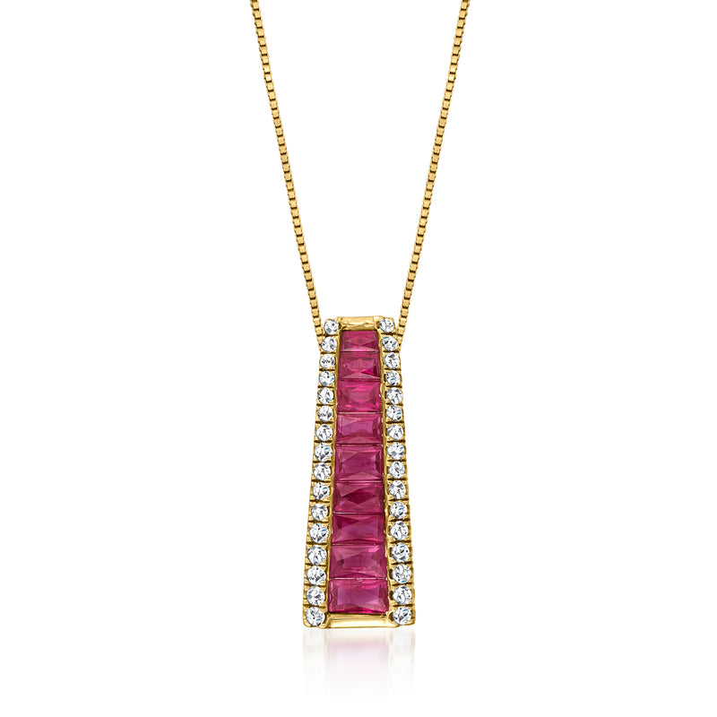 14kt yellow gold pendant necklace with pink ruby and round diamond bezel, vertical bar