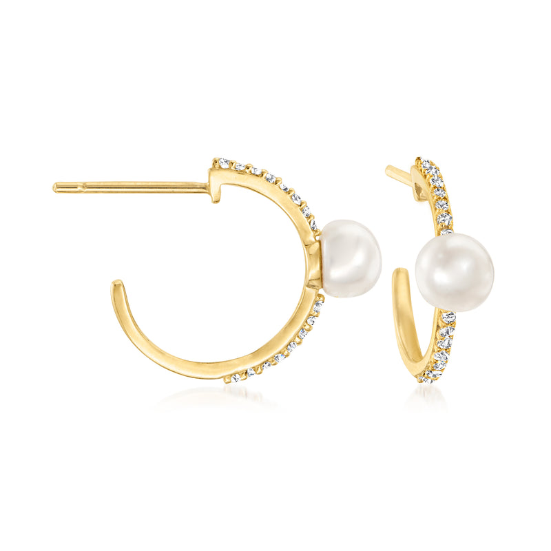 Pearl and diamond C-hoop earrings in yellow gold