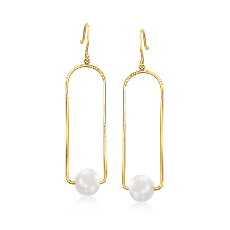 14kt yellow gold hoop drop earrings with white cultured pearl