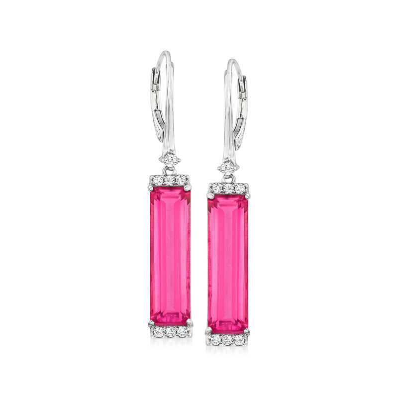 Sterling silver leverback drop earrings with pink rectangular topaz and white accents