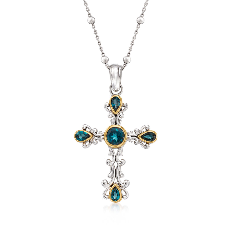 Sterling silver cross pendant necklace with London blue topaz in 14k yellow gold accents