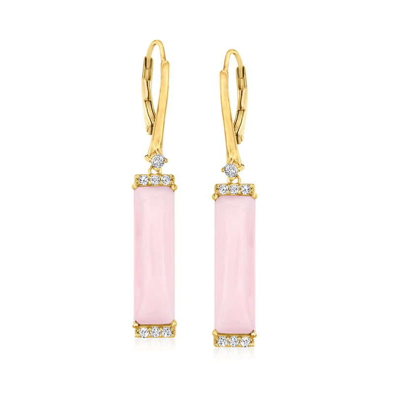 18kt gold over sterling leverback drop earrings with pink rectangular gemstone and clear stones
