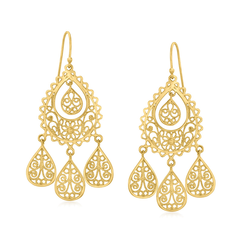 Gold filigree chandelier earrings with teardrop dangles and earwire hooks
