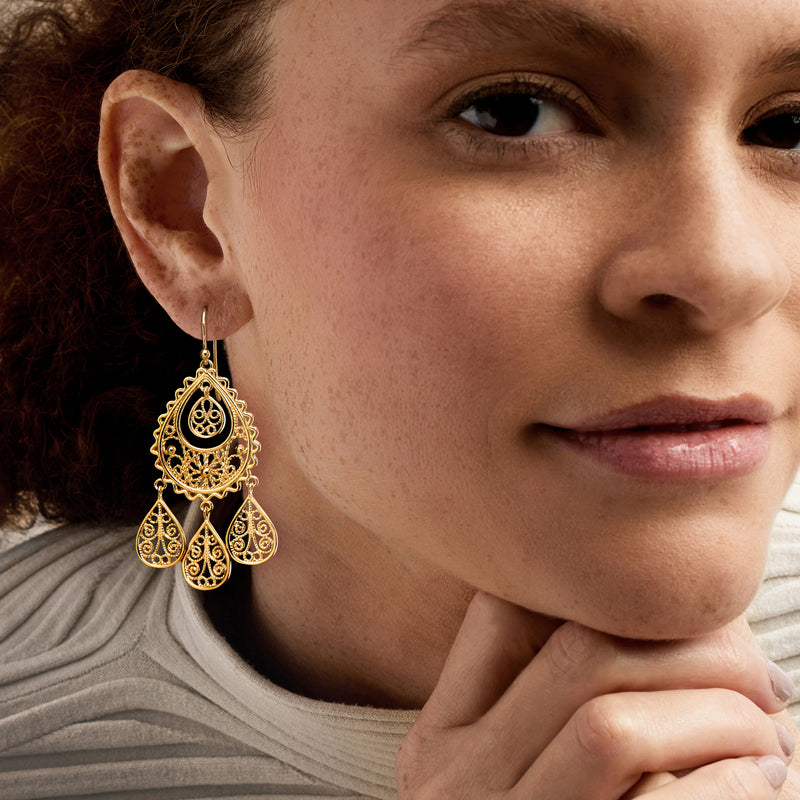 Gold filigree chandelier earrings with three teardrop dangles on earwire