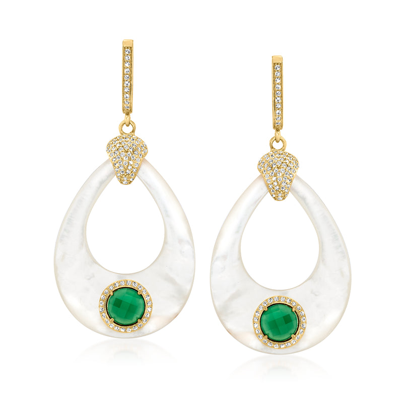 Gold-tone drop earrings with mother-of-pearl teardrops, green agate, and white topaz