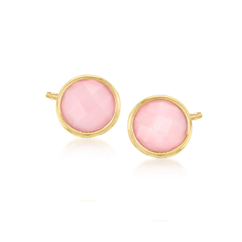 14kt yellow gold round pink opal stud earrings, 6mm bezel settings