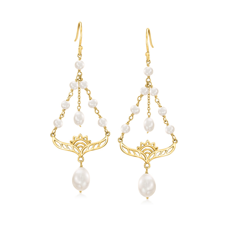 Gold-tone chandelier earrings with lotus charms and cultured pearl drops, hook back