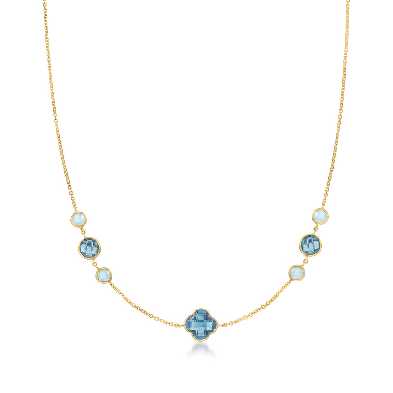 14kt yellow gold station necklace with London blue topaz and aquamarine clover stations