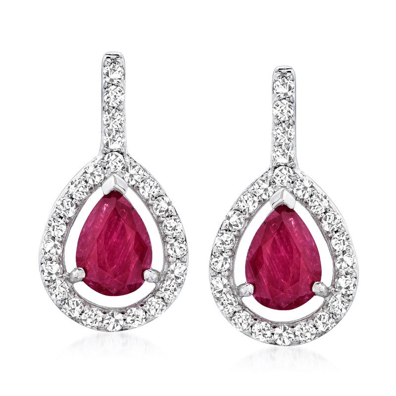 Pear-shaped ruby drop earrings with diamond halo in 14kt white gold