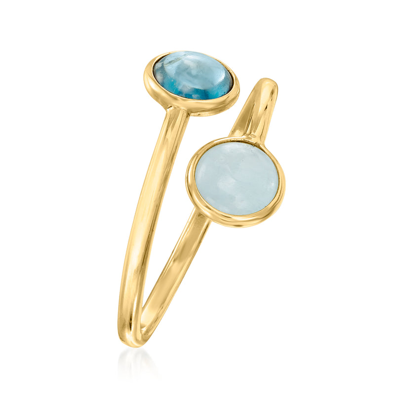 14kt yellow gold bypass ring with stacked oval light blue gemstones